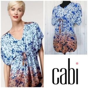 Cabi Loose Blue Floral Kimono Tie Front Blouse S Small